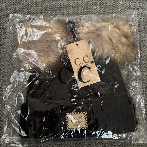 C.C Black Knit Hat with Tan Pom Poms - Picture 2 of 2